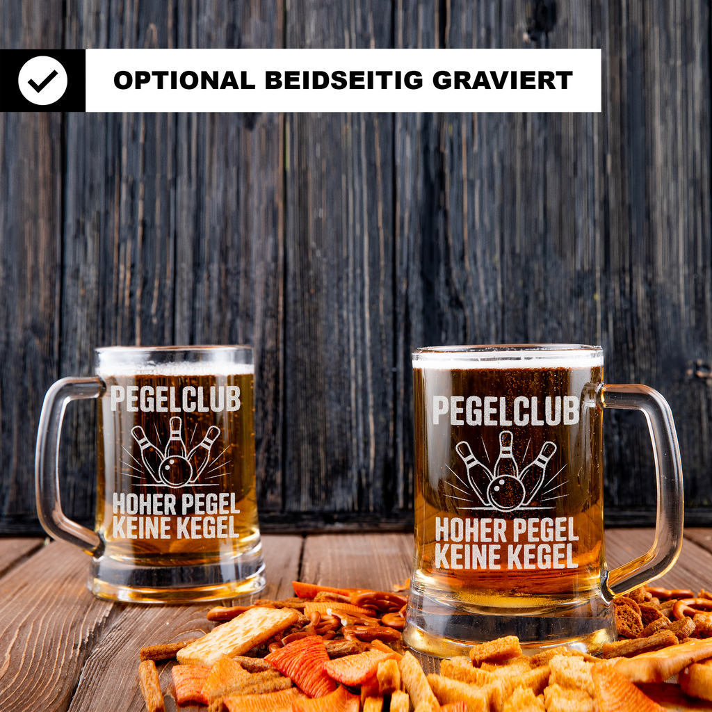 Pegelclub Bierkrug – Lustiger Kegel Spruch „Hoher Pegel, keine Kegel“ – Geschenk für Kegler, Kegelverein & Trinkfreunde – Witziges Bierglas für Männer & Frauen