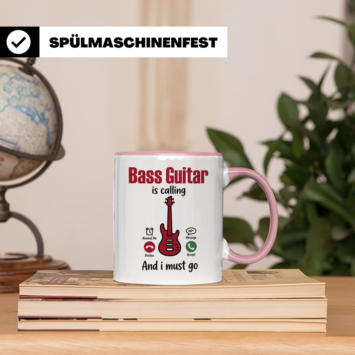 Bassist Tasse mit Spruch Bass Guitar is calling, E-Bass Kaff – Rosa [farbe:rosa]