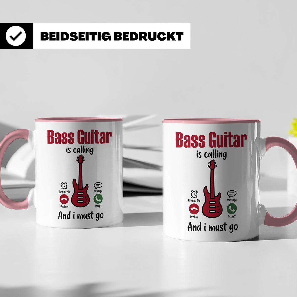 Bassist Tasse mit Spruch Bass Guitar is calling, E-Bass Kaff – Rosa [farbe:rosa]