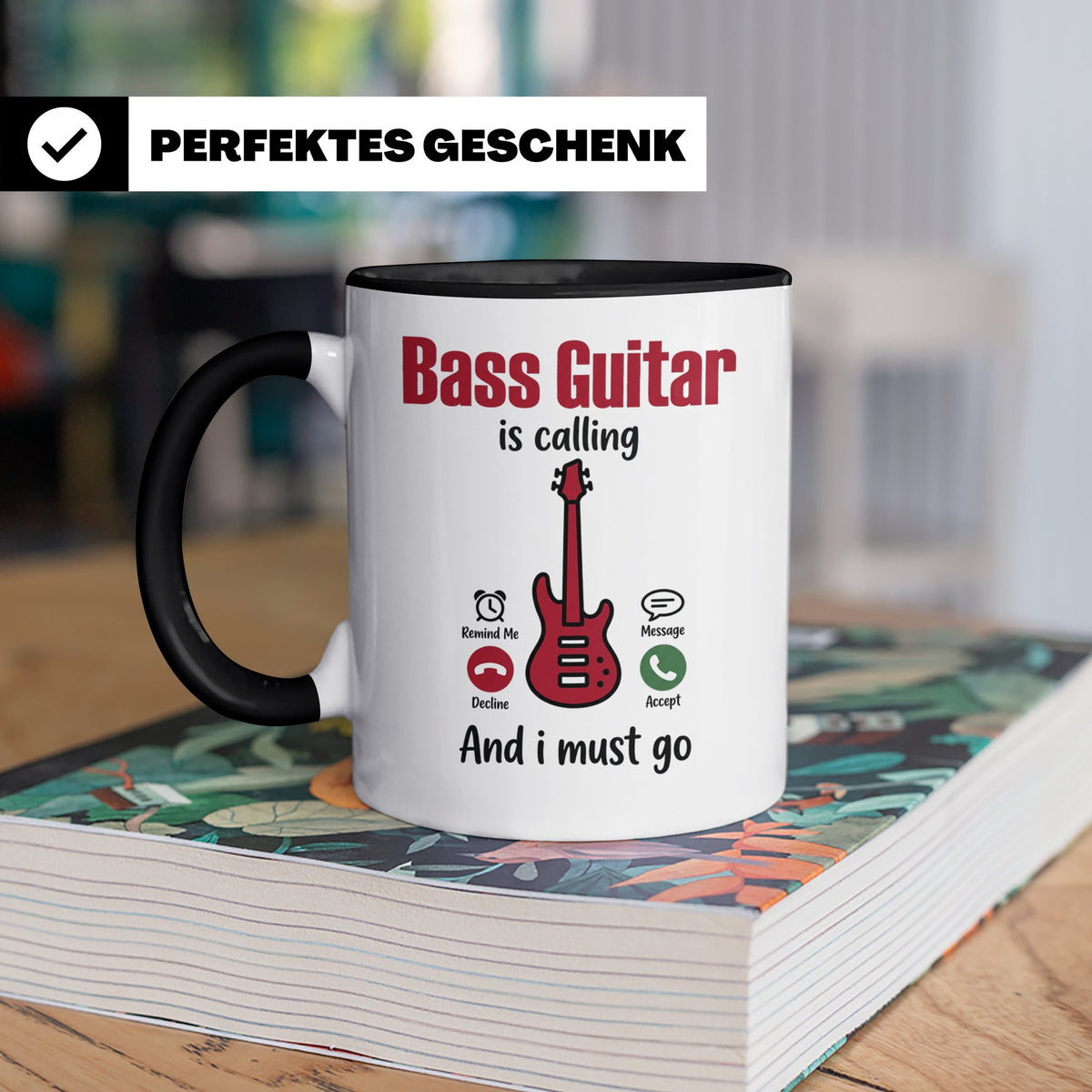 Bassist Tasse mit Spruch Bass Guitar is calling, E-Bass Kaff – Schwarz [farbe:schwarz]