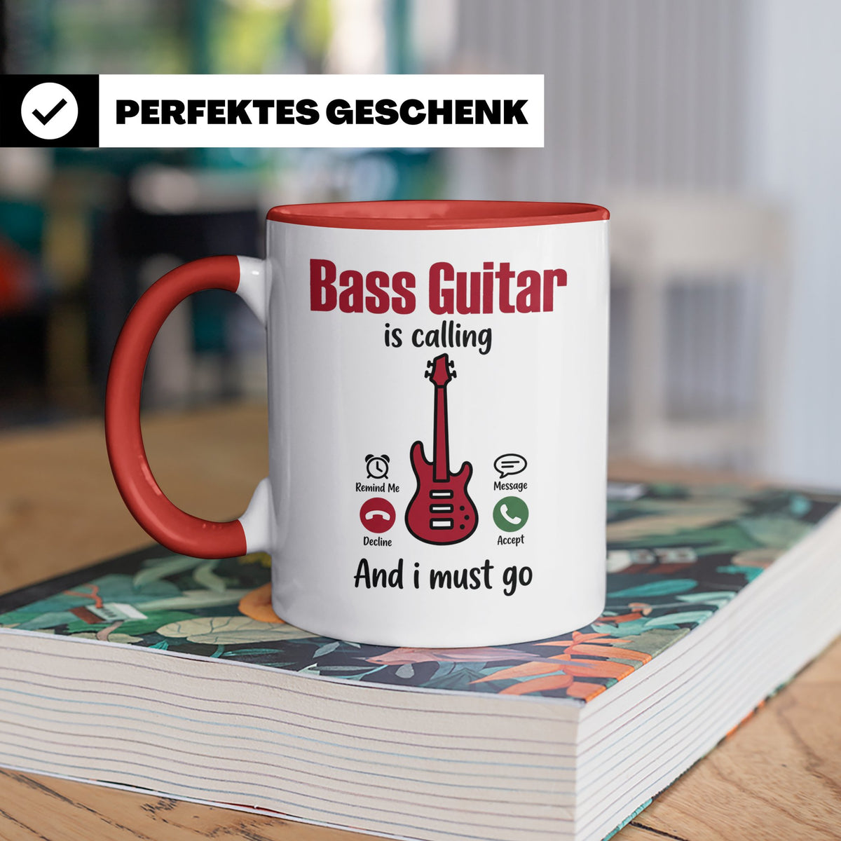 Bassist Tasse mit Spruch Bass Guitar is calling, E-Bass Kaff – Rot [farbe:rot]