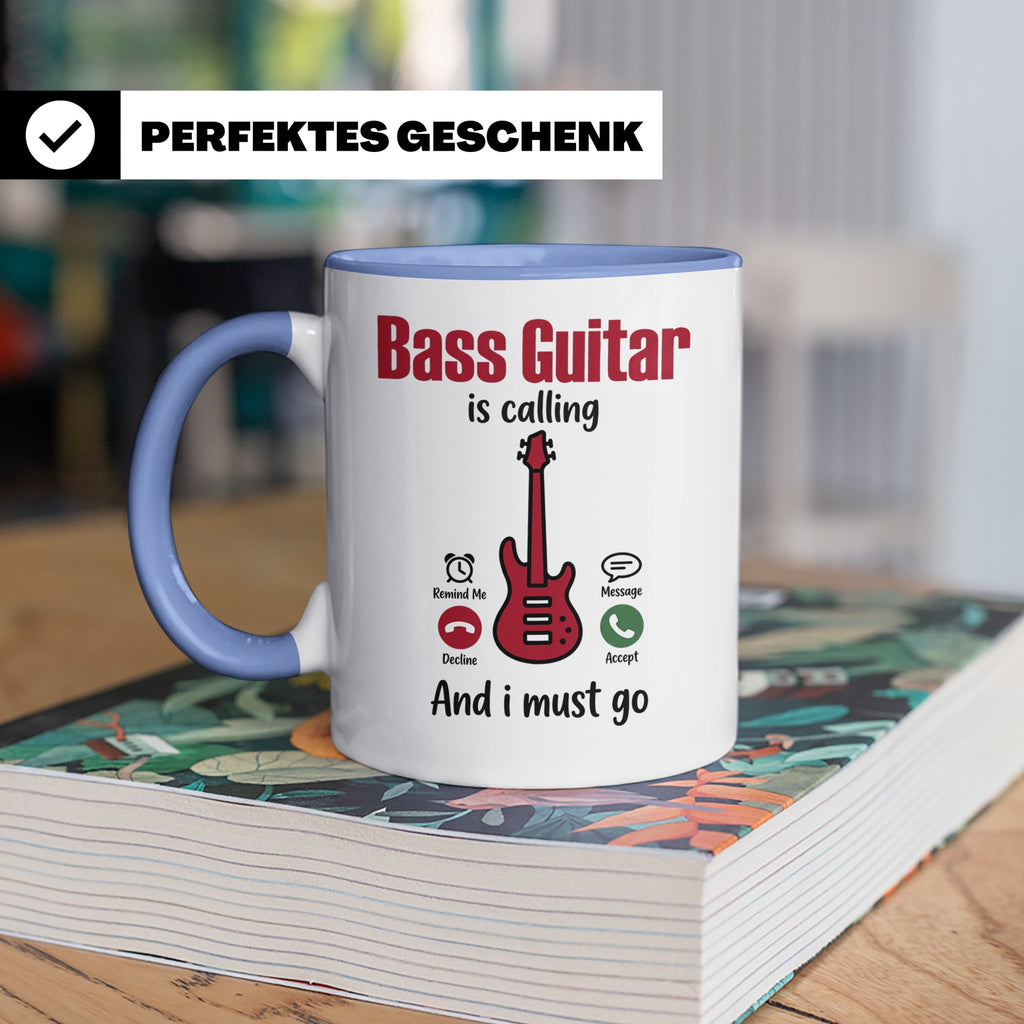 Bassist Tasse mit Spruch Bass Guitar is calling, E-Bass Kaff – Blau [farbe:blau]