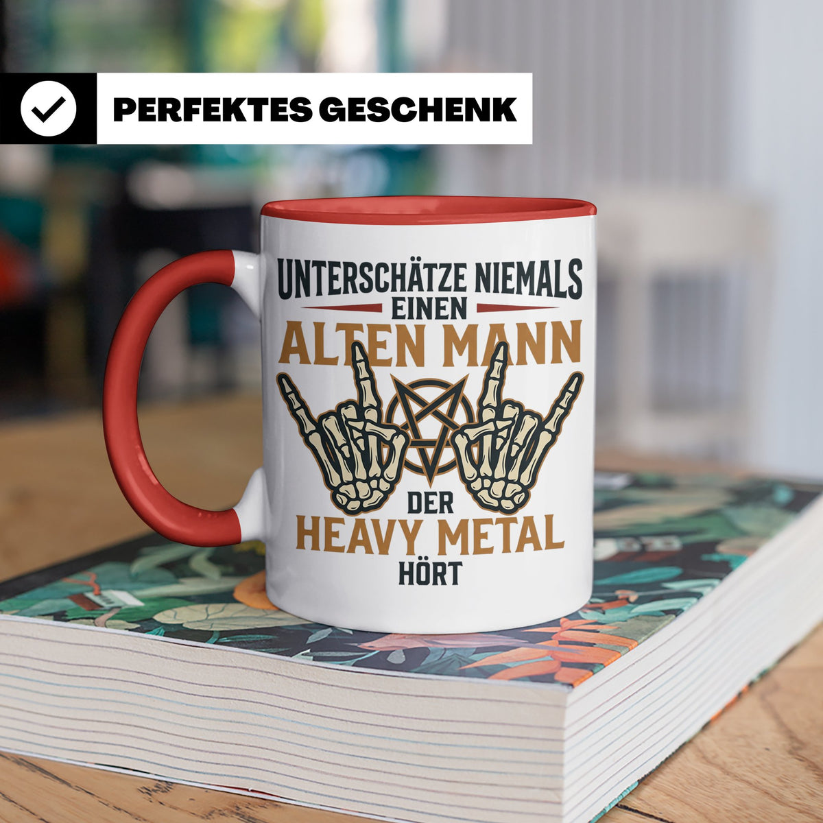 Heavy Metal Tasse Alter Mann | Rocker Kaffeebecher mit Penta – Rot [farbe:rot]