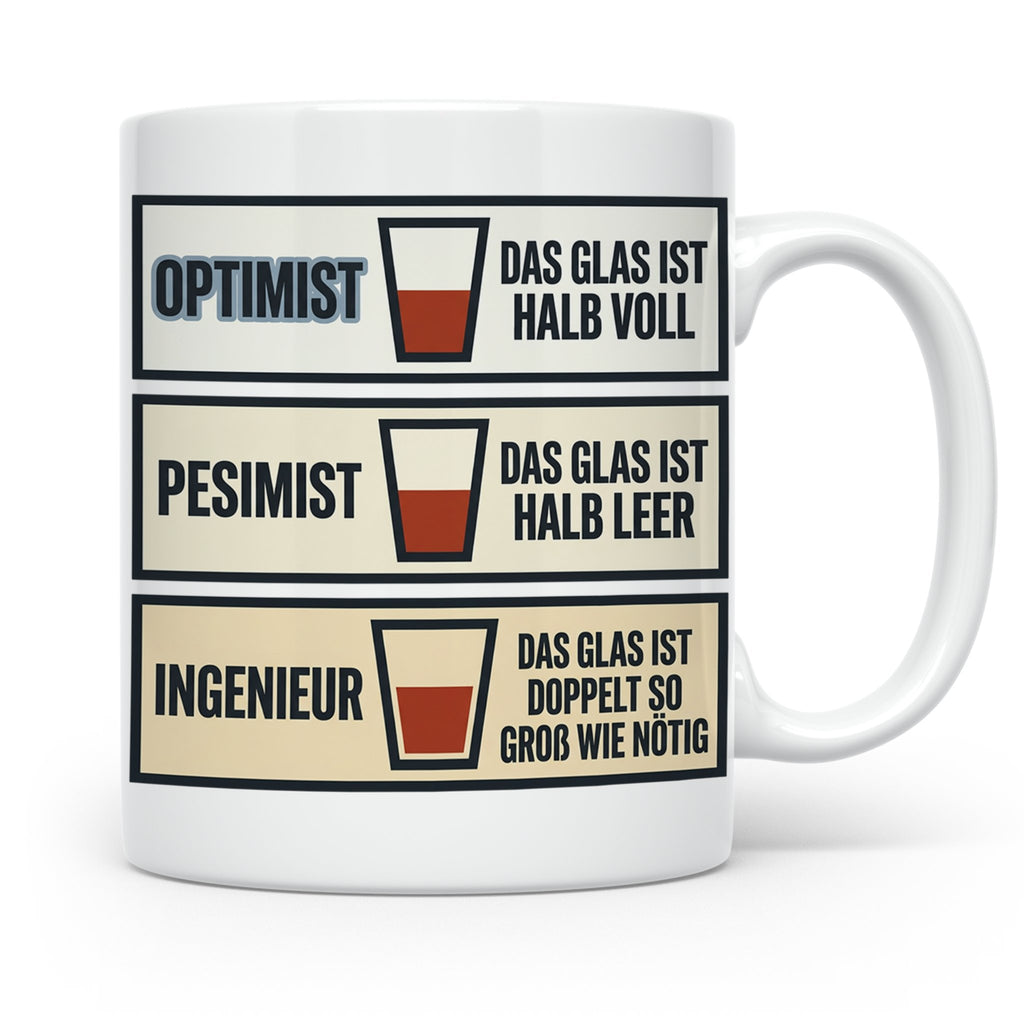 Ingenieur Tasse Glas halb voll leer lustiger Spruch Geschenk – Weiß [farbe:weiß]