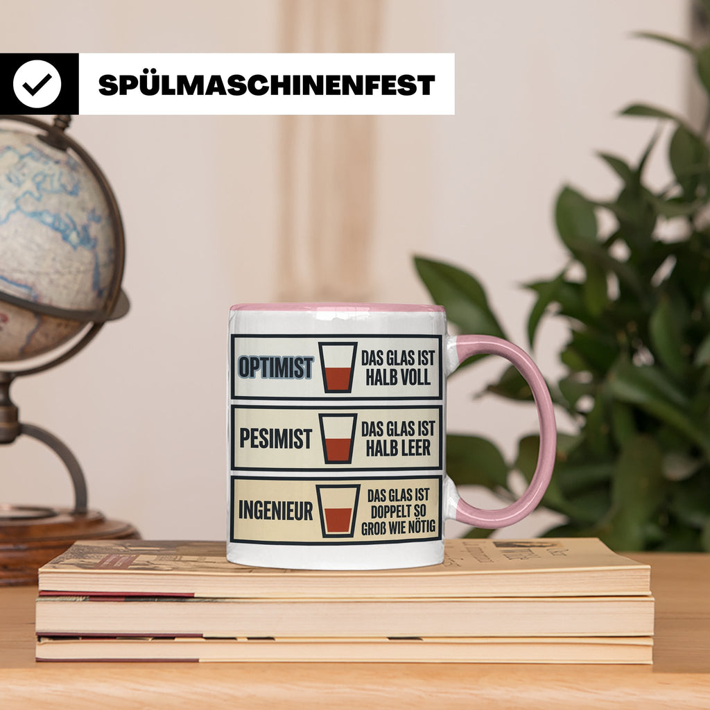 Ingenieur Tasse Glas halb voll leer lustiger Spruch Geschenk – Rosa [farbe:rosa]