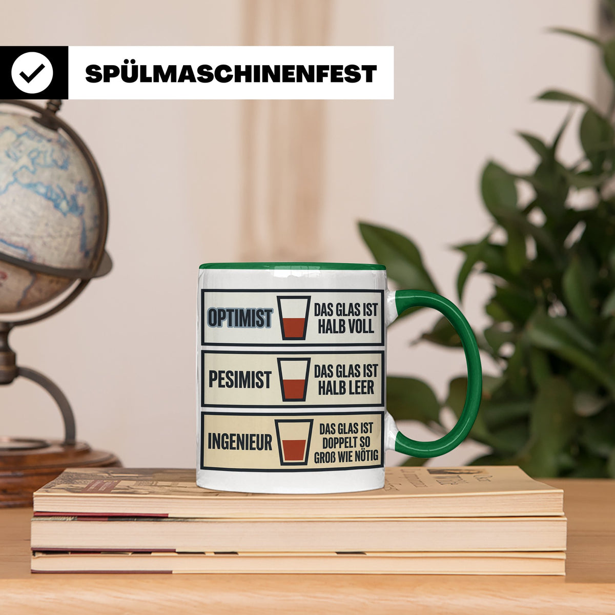 Ingenieur Tasse Glas halb voll leer lustiger Spruch Geschenk – Grün [farbe:grün]
