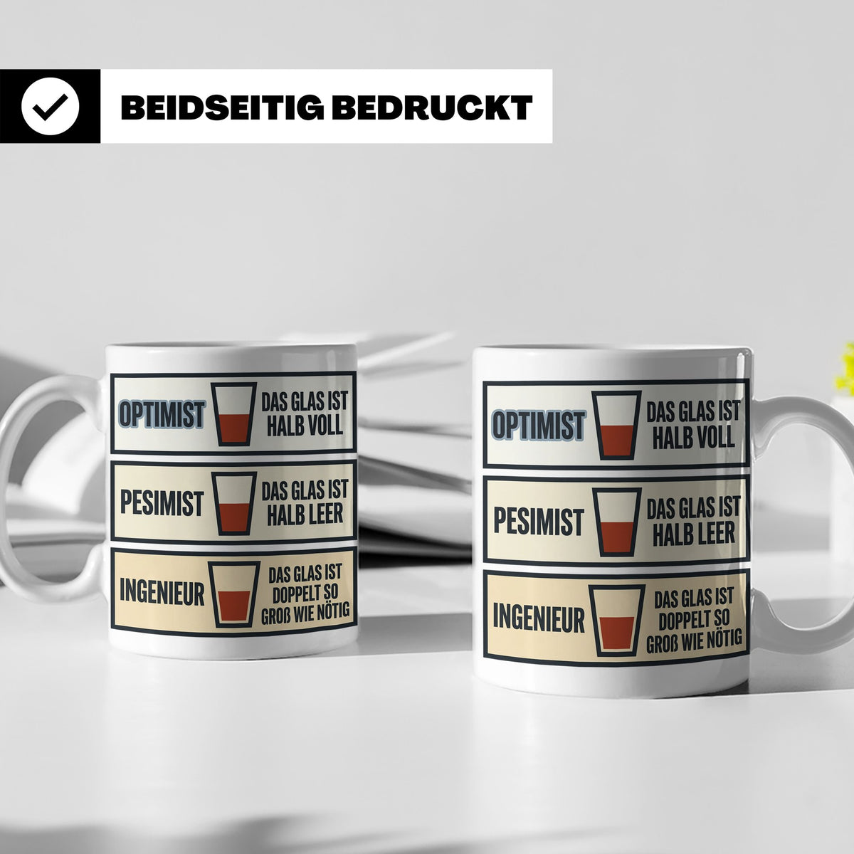 Ingenieur Tasse Glas halb voll leer lustiger Spruch Geschenk – Weiß [farbe:weiß]