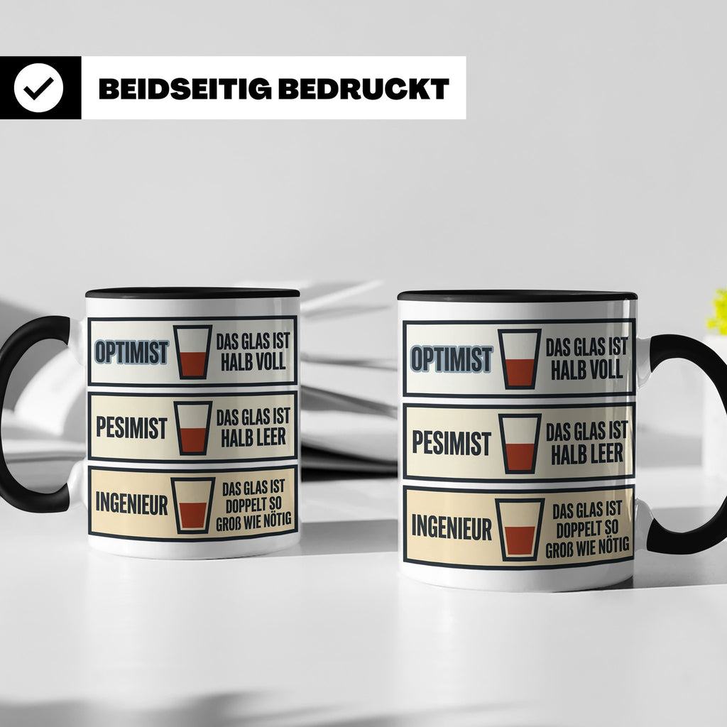 Ingenieur Tasse Glas halb voll leer lustiger Spruch Geschenk – Schwarz [farbe:schwarz]