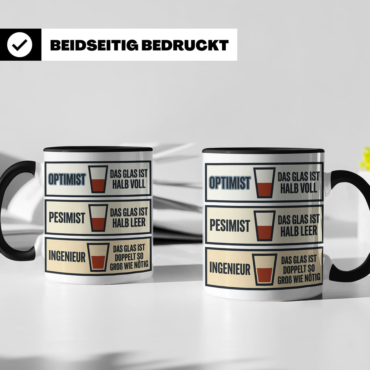 Ingenieur Tasse Glas halb voll leer lustiger Spruch Geschenk – Schwarz [farbe:schwarz]