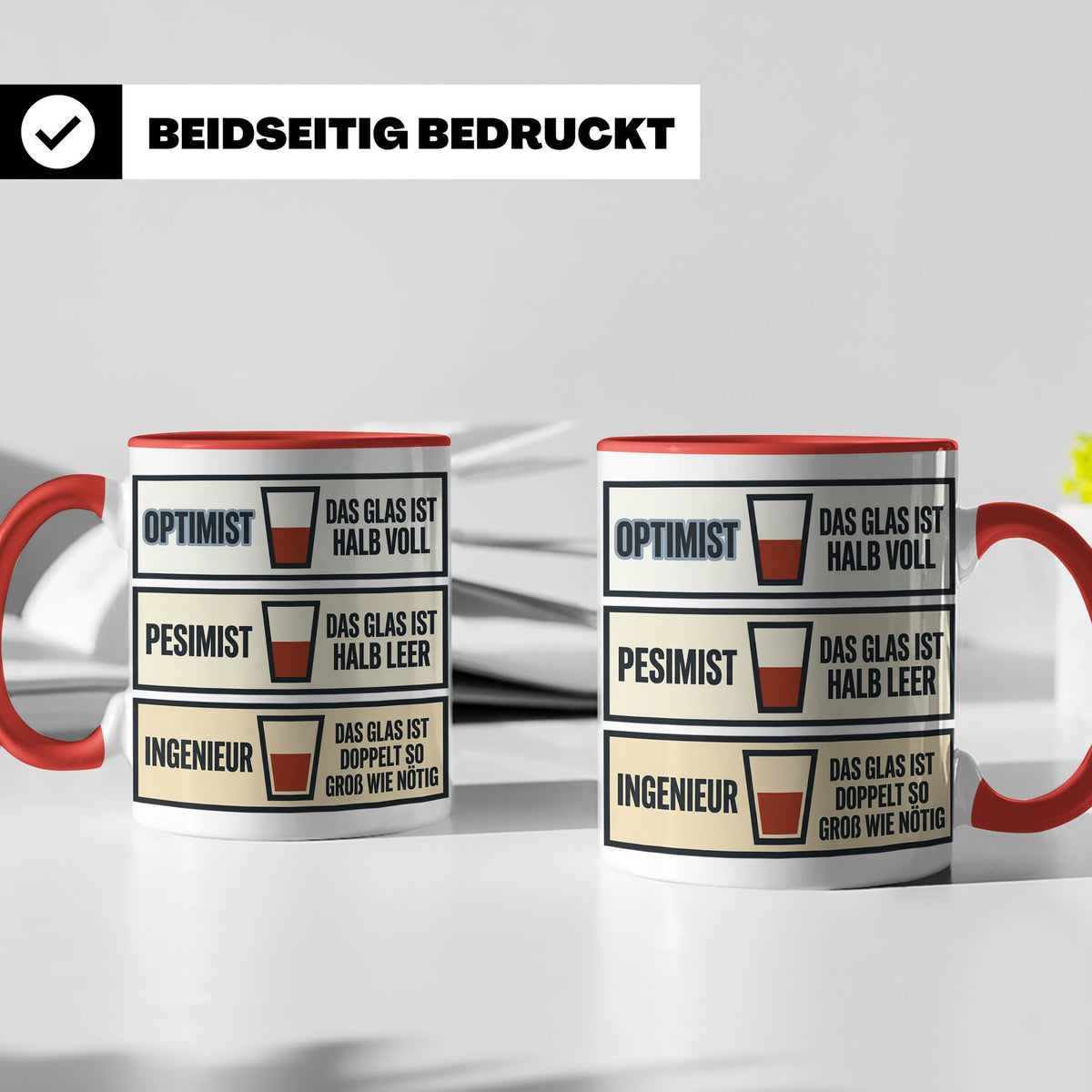 Ingenieur Tasse Glas halb voll leer lustiger Spruch Geschenk – Rot [farbe:rot]