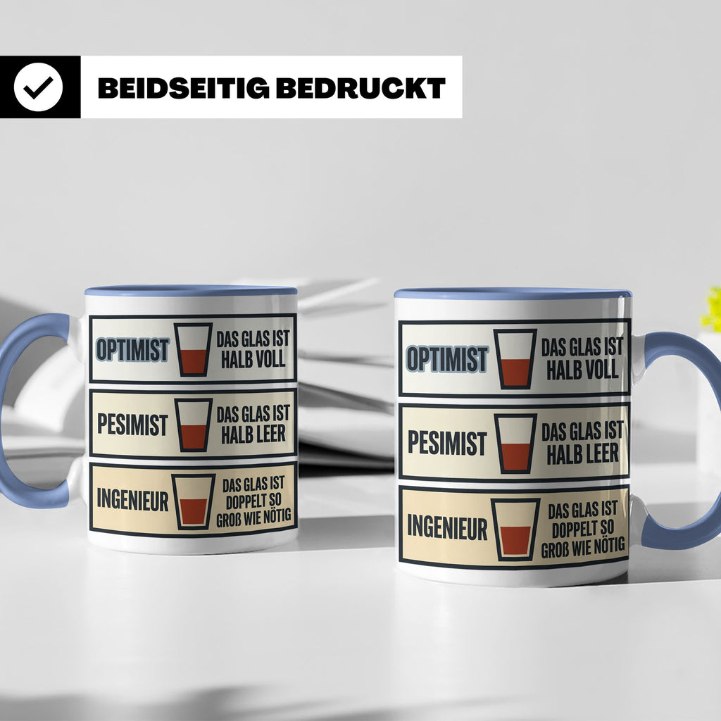 Ingenieur Tasse Glas halb voll leer lustiger Spruch Geschenk – Blau [farbe:blau]