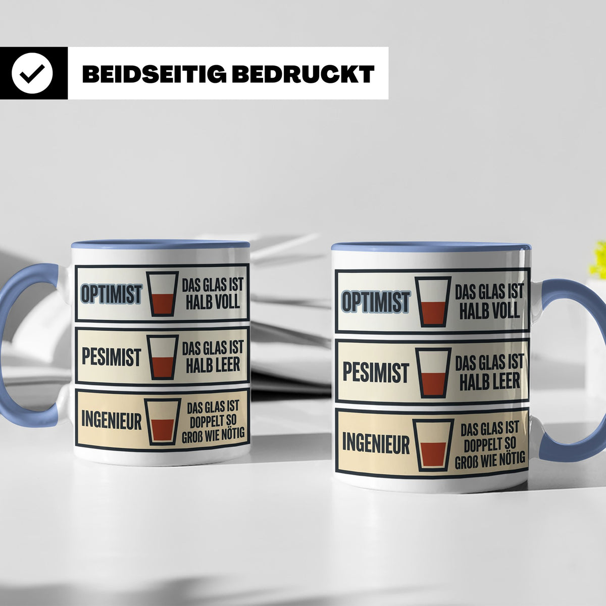 Ingenieur Tasse Glas halb voll leer lustiger Spruch Geschenk – Blau [farbe:blau]