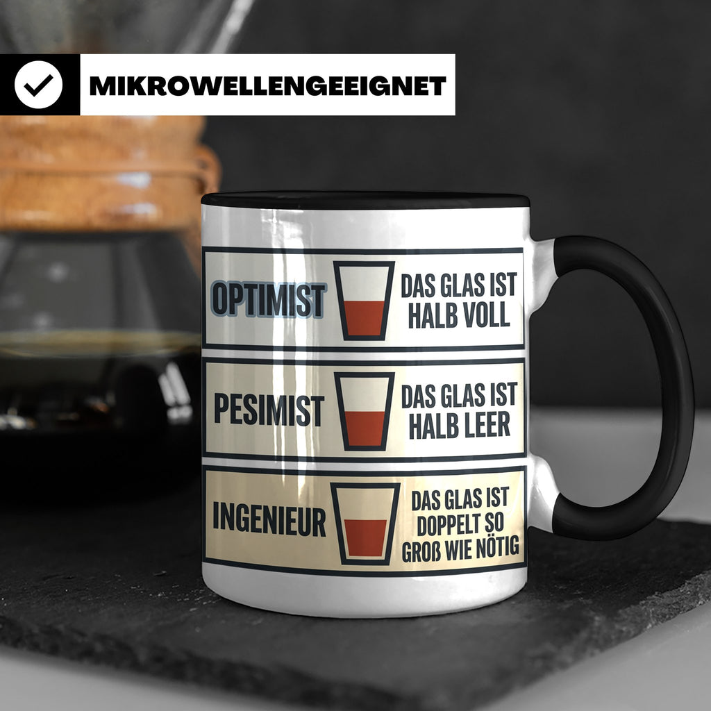 Ingenieur Tasse Glas halb voll leer lustiger Spruch Geschenk – Schwarz [farbe:schwarz]