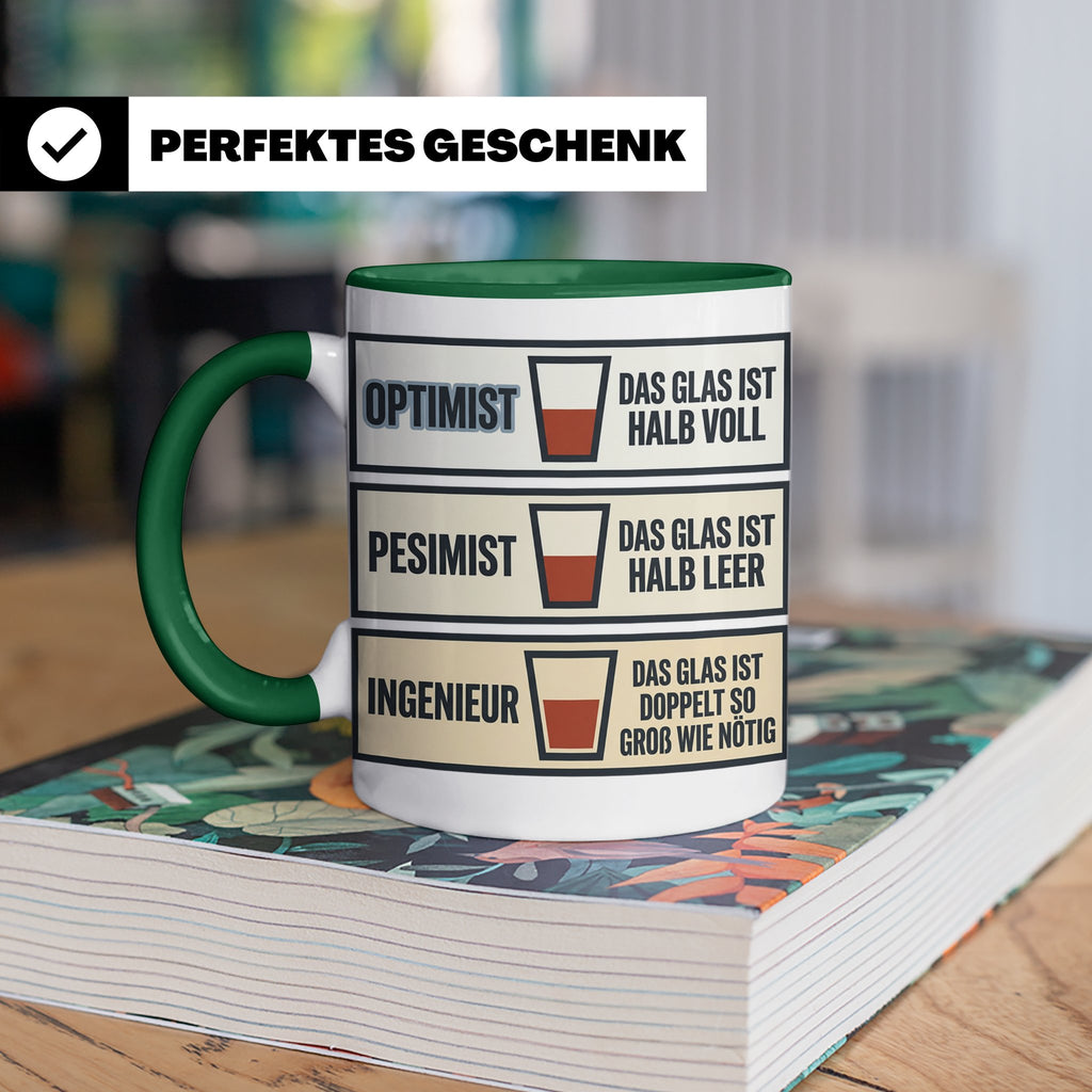 Ingenieur Tasse Glas halb voll leer lustiger Spruch Geschenk – Grün [farbe:grün]