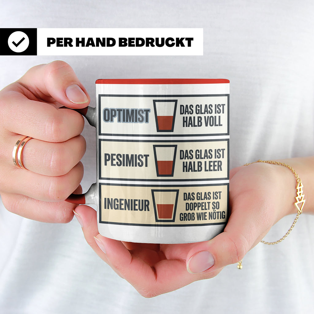 Ingenieur Tasse Glas halb voll leer lustiger Spruch Geschenk – Rot [farbe:rot]