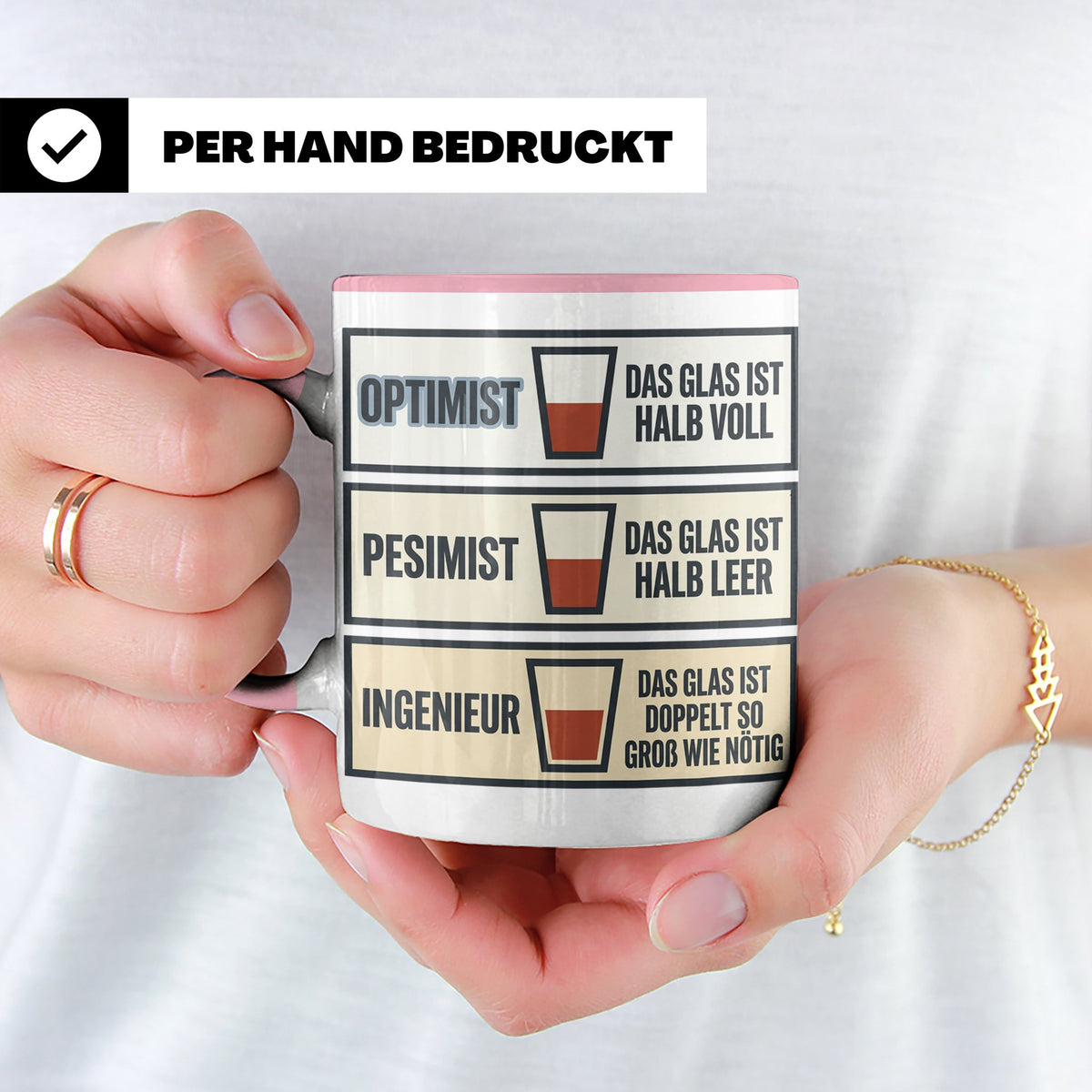 Ingenieur Tasse Glas halb voll leer lustiger Spruch Geschenk – Rosa [farbe:rosa]