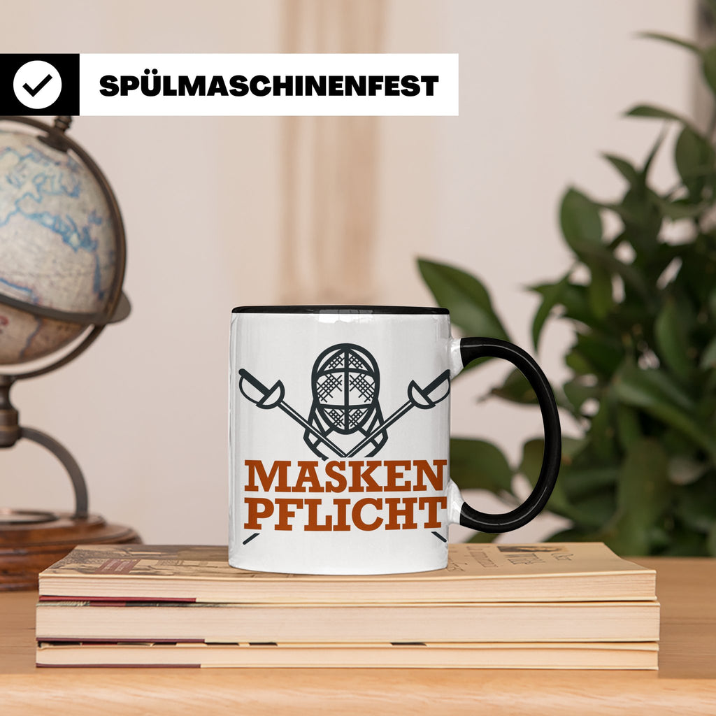 Fechter Tasse mit Maskenpflicht Spruch, lustiges Geschenk fü – Schwarz [farbe:schwarz]