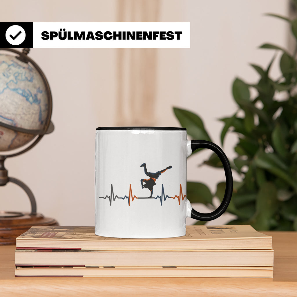 Breakdance Tasse mit Herzschlag, B-Boy Freeze Motiv, Hip Hop – Schwarz [farbe:schwarz]