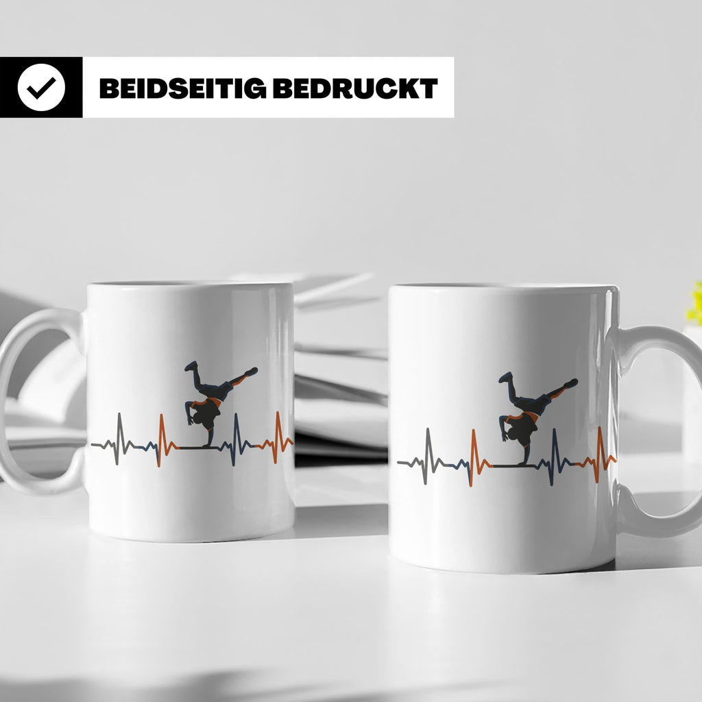 Breakdance Tasse mit Herzschlag, B-Boy Freeze Motiv, Hip Hop – Weiß [farbe:weiß]