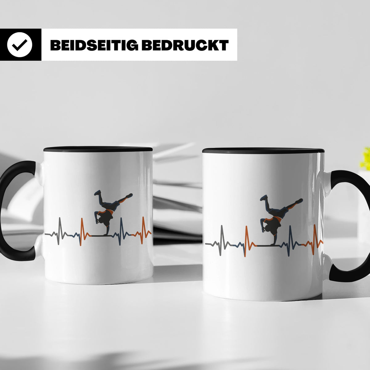 Breakdance Tasse mit Herzschlag, B-Boy Freeze Motiv, Hip Hop – Schwarz [farbe:schwarz]