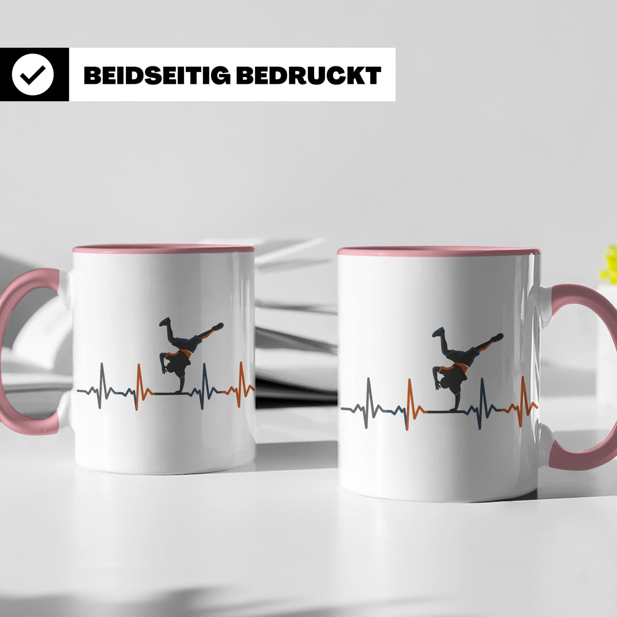 Breakdance Tasse mit Herzschlag, B-Boy Freeze Motiv, Hip Hop – Rosa [farbe:rosa]