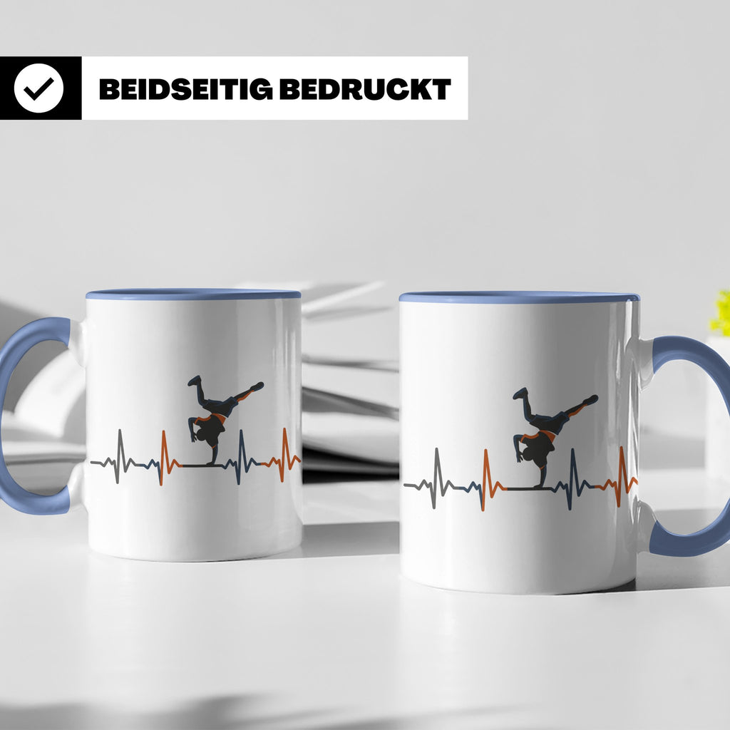 Breakdance Tasse mit Herzschlag, B-Boy Freeze Motiv, Hip Hop – Blau [farbe:blau]