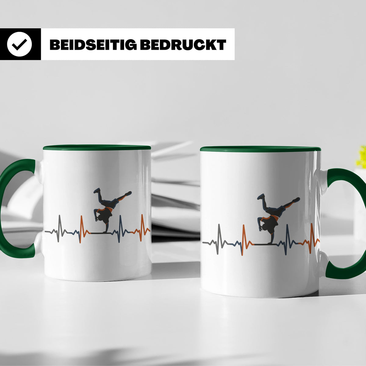 Breakdance Tasse mit Herzschlag, B-Boy Freeze Motiv, Hip Hop – Grün [farbe:grün]