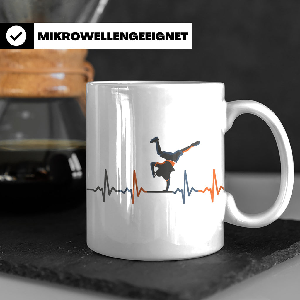 Breakdance Tasse mit Herzschlag, B-Boy Freeze Motiv, Hip Hop – Weiß [farbe:weiß]