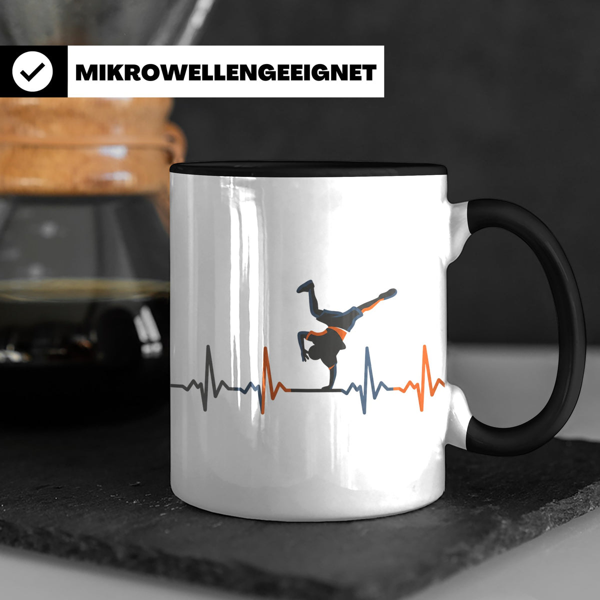 Breakdance Tasse mit Herzschlag, B-Boy Freeze Motiv, Hip Hop – Schwarz [farbe:schwarz]