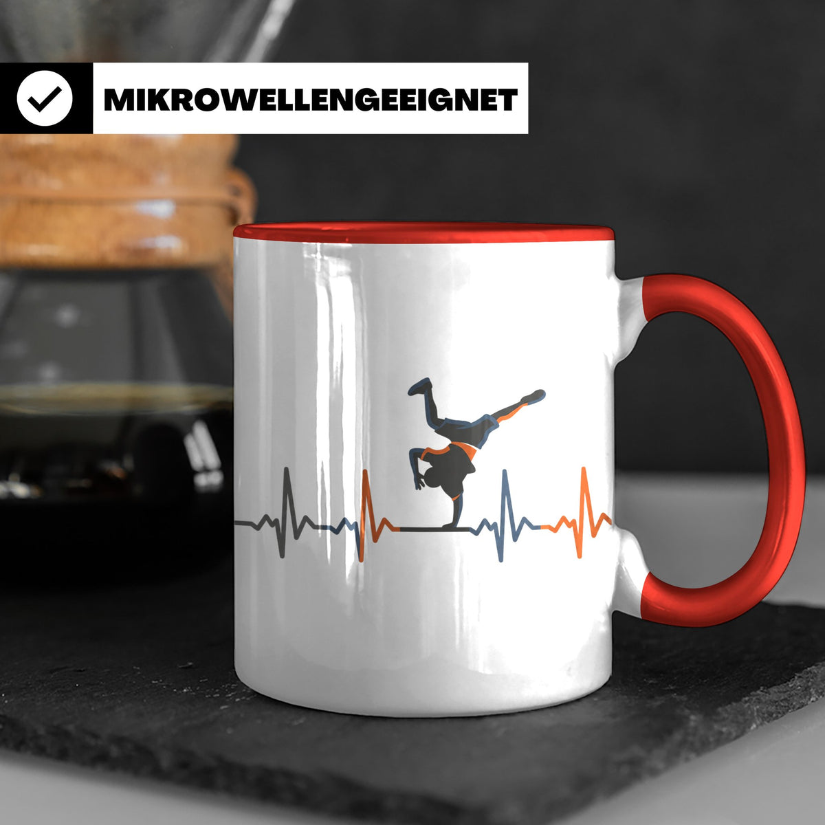 Breakdance Tasse mit Herzschlag, B-Boy Freeze Motiv, Hip Hop – Rot [farbe:rot]