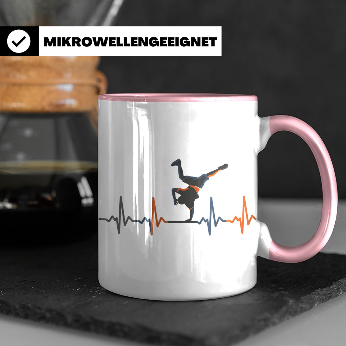 Breakdance Tasse mit Herzschlag, B-Boy Freeze Motiv, Hip Hop – Rosa [farbe:rosa]