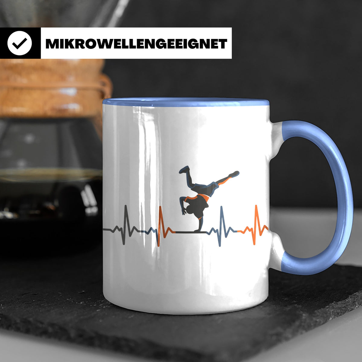 Breakdance Tasse mit Herzschlag, B-Boy Freeze Motiv, Hip Hop – Blau [farbe:blau]