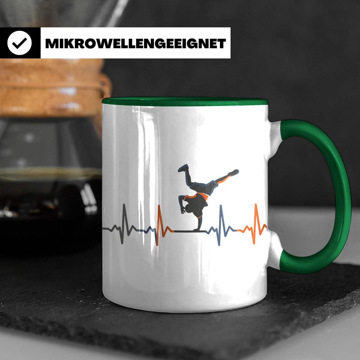 Breakdance Tasse mit Herzschlag, B-Boy Freeze Motiv, Hip Hop – Grün [farbe:grün]