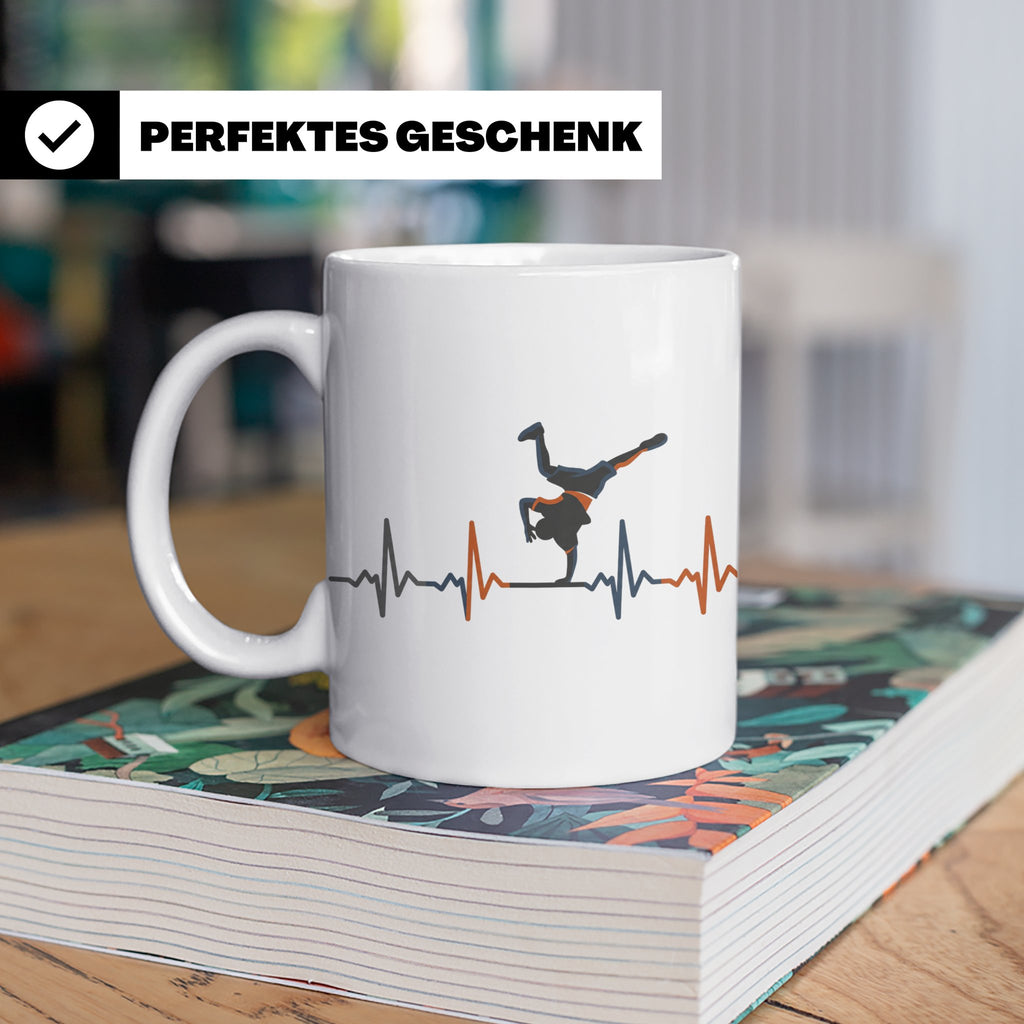 Breakdance Tasse mit Herzschlag, B-Boy Freeze Motiv, Hip Hop – Weiß [farbe:weiß]