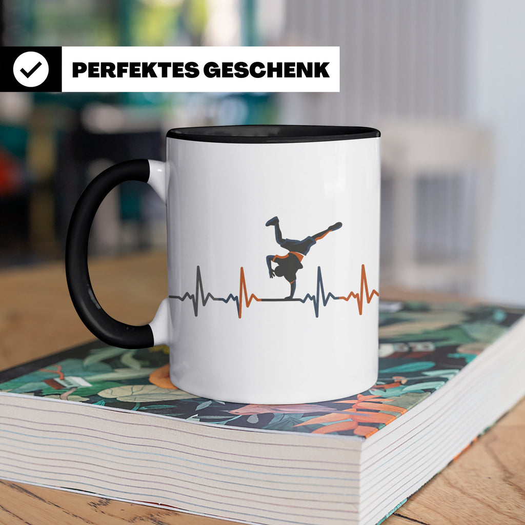 Breakdance Tasse mit Herzschlag, B-Boy Freeze Motiv, Hip Hop – Schwarz [farbe:schwarz]