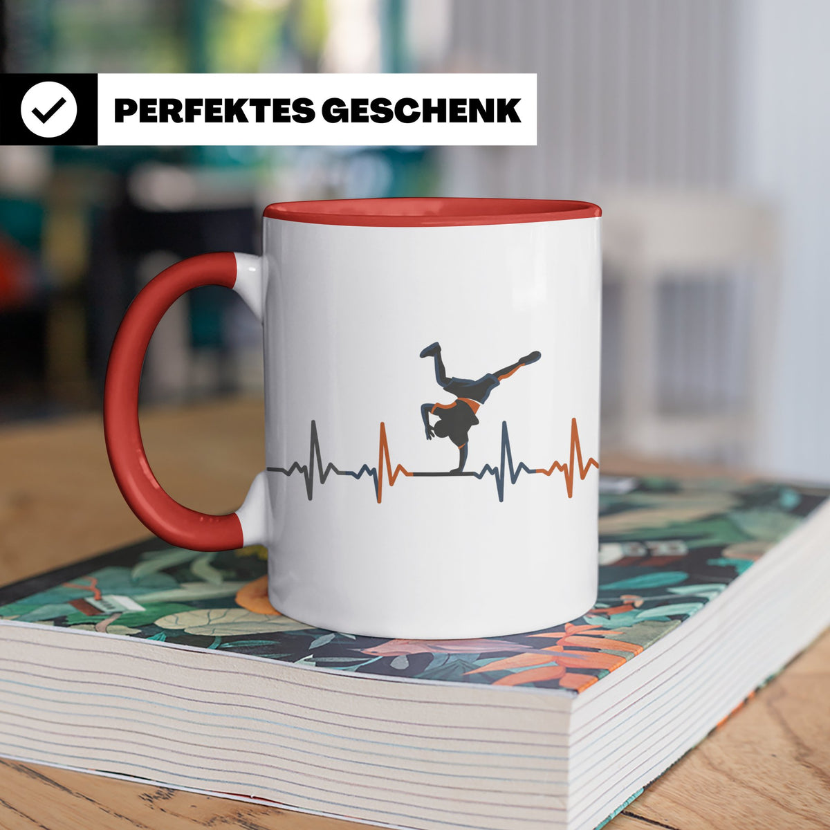 Breakdance Tasse mit Herzschlag, B-Boy Freeze Motiv, Hip Hop – Rot [farbe:rot]