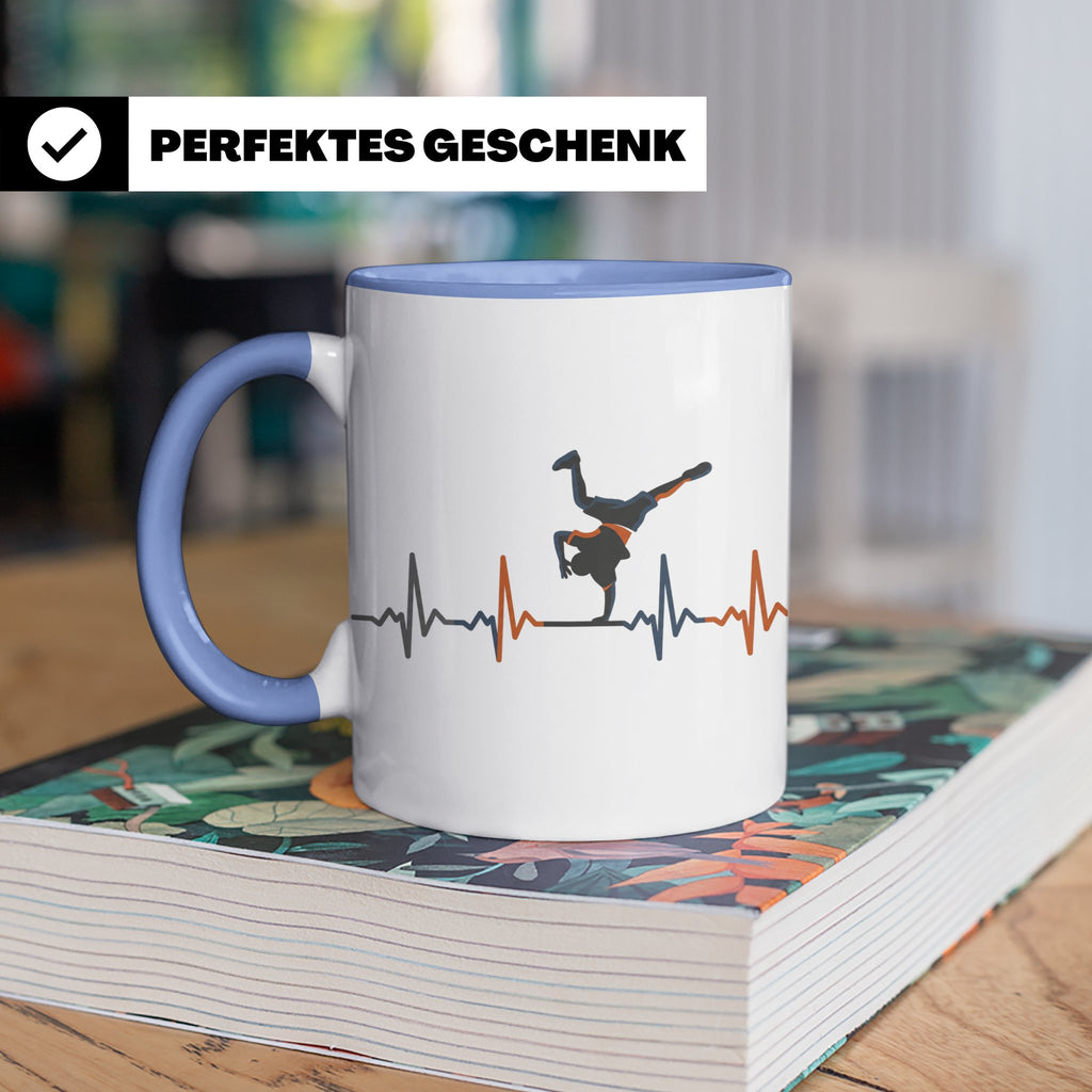 Breakdance Tasse mit Herzschlag, B-Boy Freeze Motiv, Hip Hop – Blau [farbe:blau]