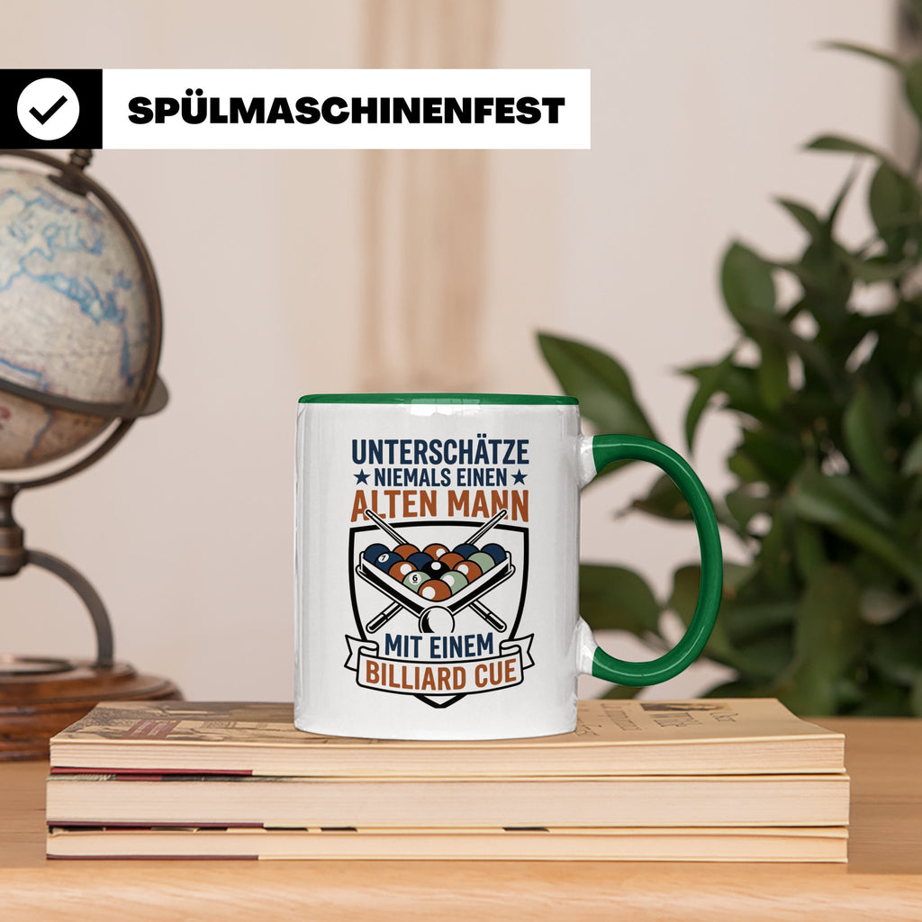 Billard Tasse Alter Mann mit Cue Spruch | Lustiges Poolbilla – Grün [farbe:grün]