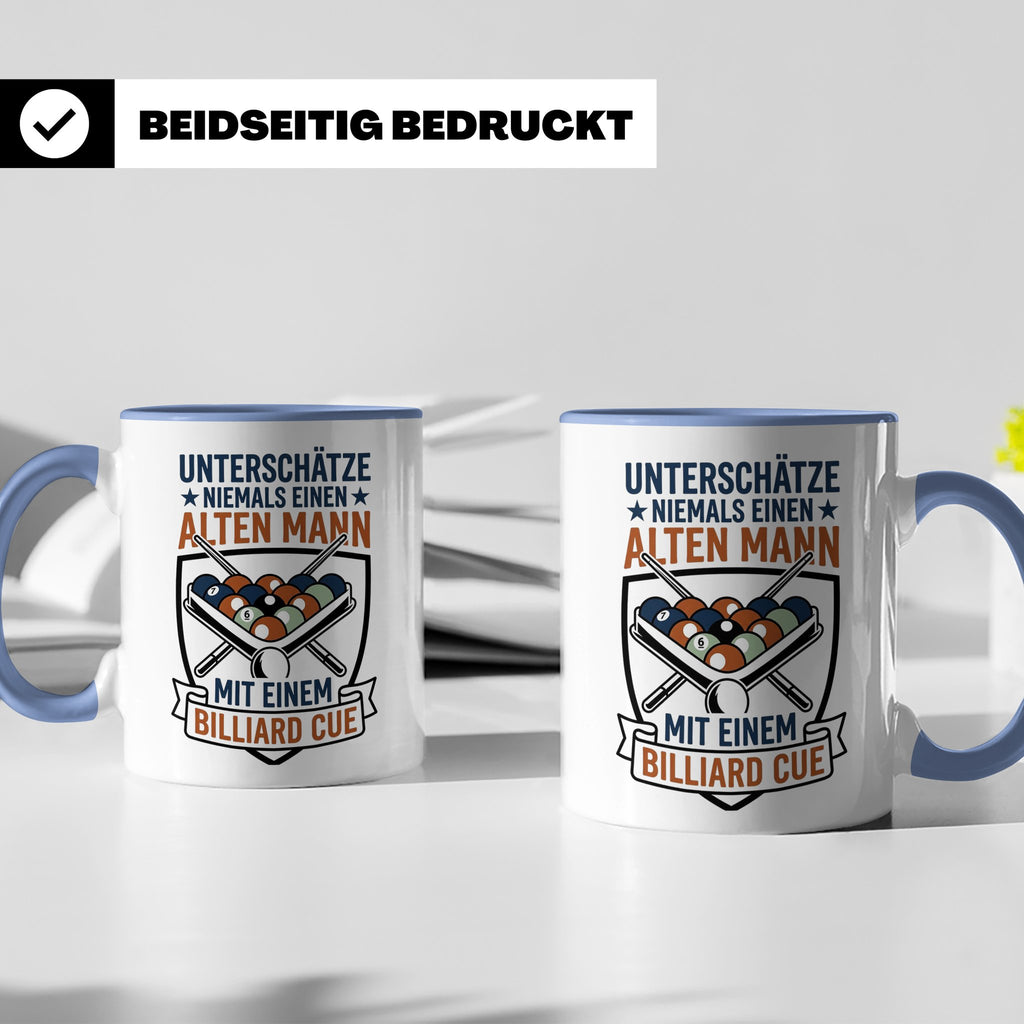 Billard Tasse Alter Mann mit Cue Spruch | Lustiges Poolbilla – Blau [farbe:blau]