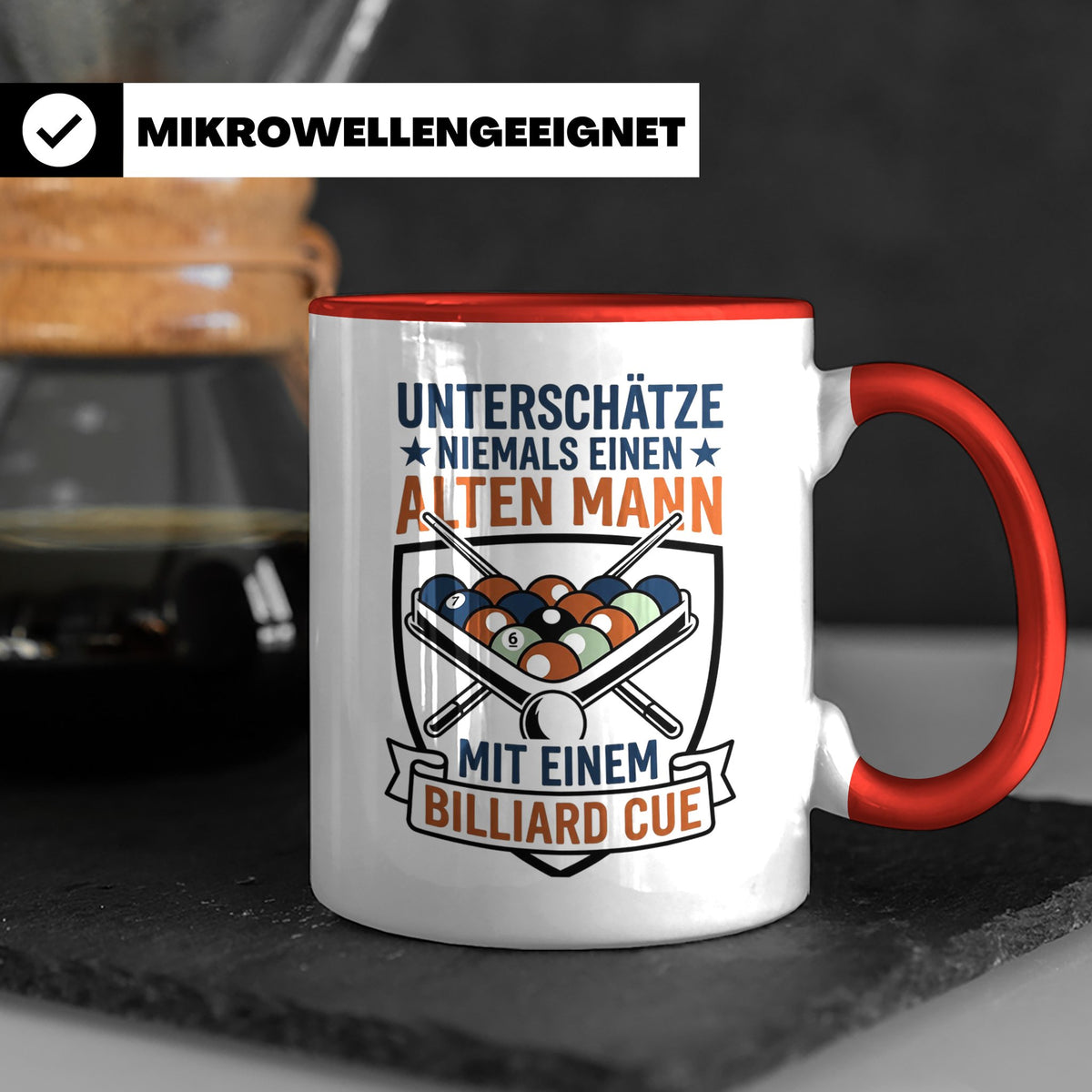 Billard Tasse Alter Mann mit Cue Spruch | Lustiges Poolbilla – Rot [farbe:rot]