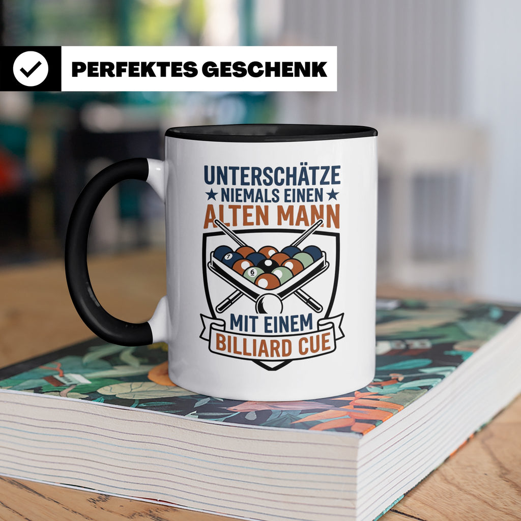 Billard Tasse Alter Mann mit Cue Spruch | Lustiges Poolbilla – Schwarz [farbe:schwarz]