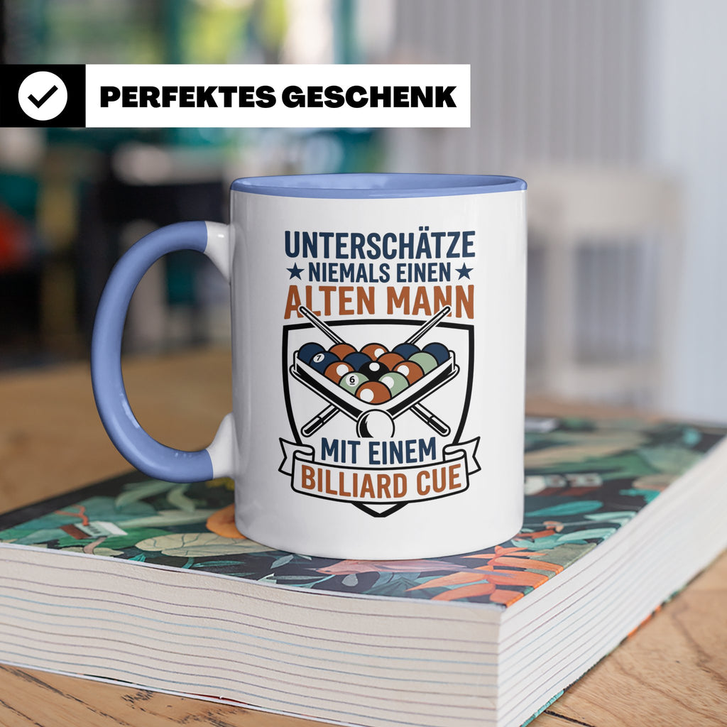 Billard Tasse Alter Mann mit Cue Spruch | Lustiges Poolbilla – Blau [farbe:blau]