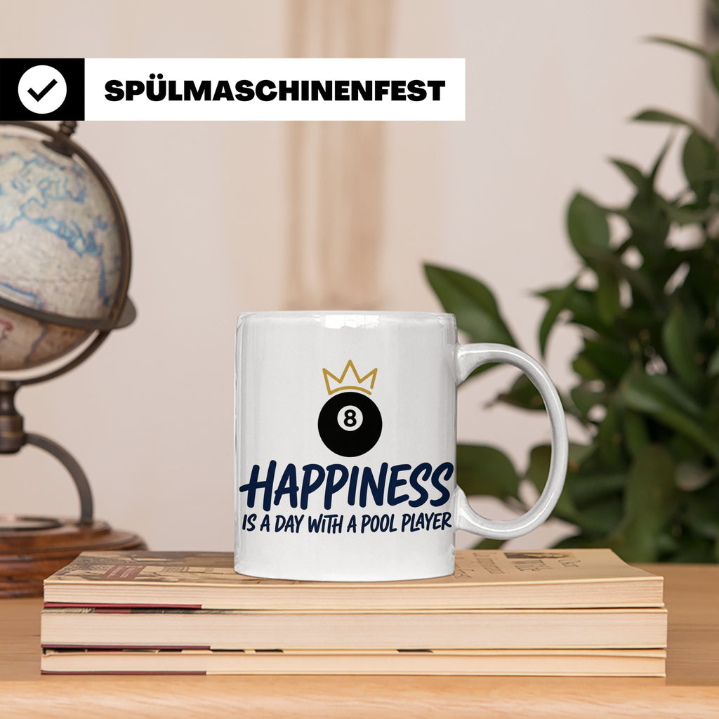 Billard Tasse für Pool Spieler mit Spruch Happiness is a day – Weiß [farbe:weiß]