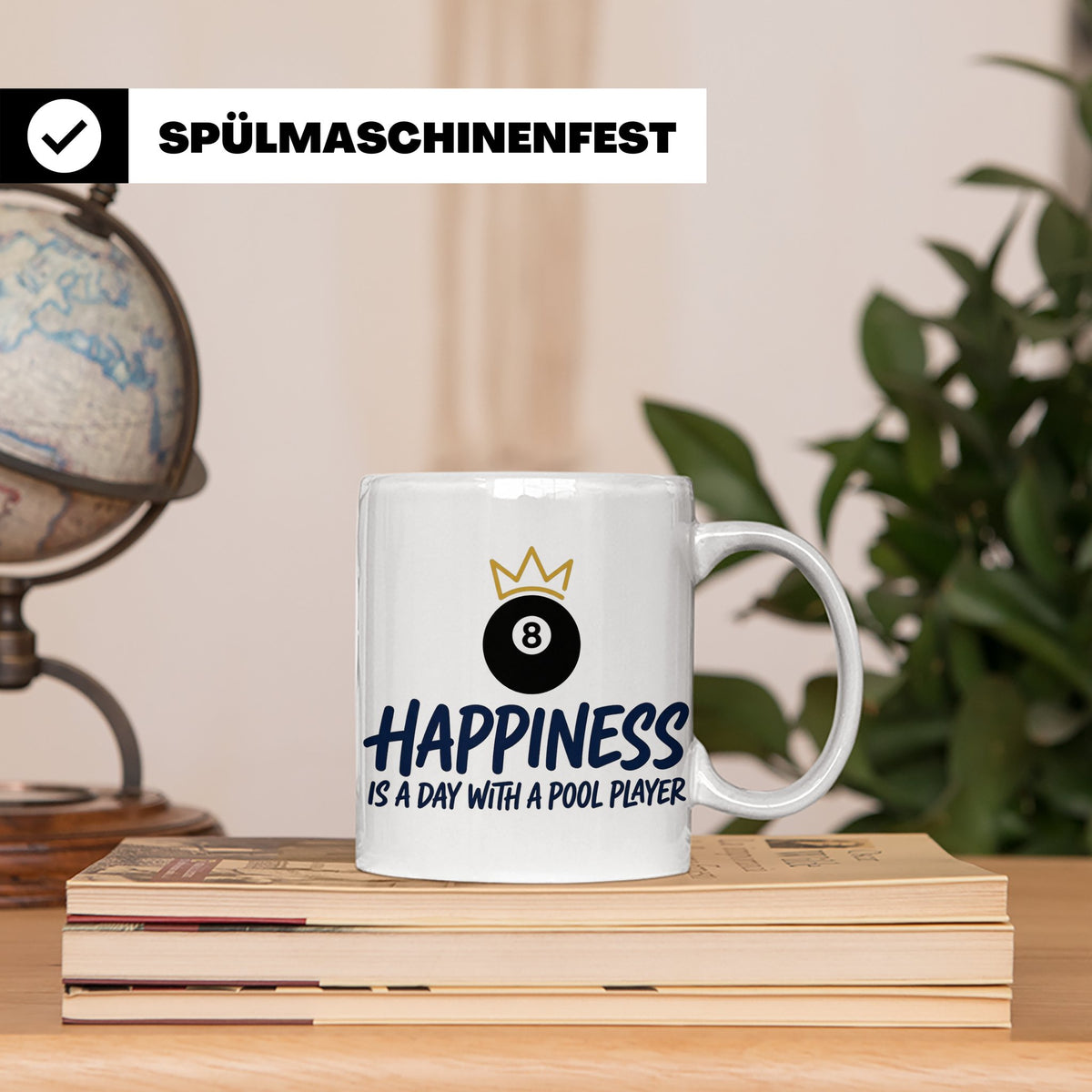 Billard Tasse für Pool Spieler mit Spruch Happiness is a day – Weiß [farbe:weiß]