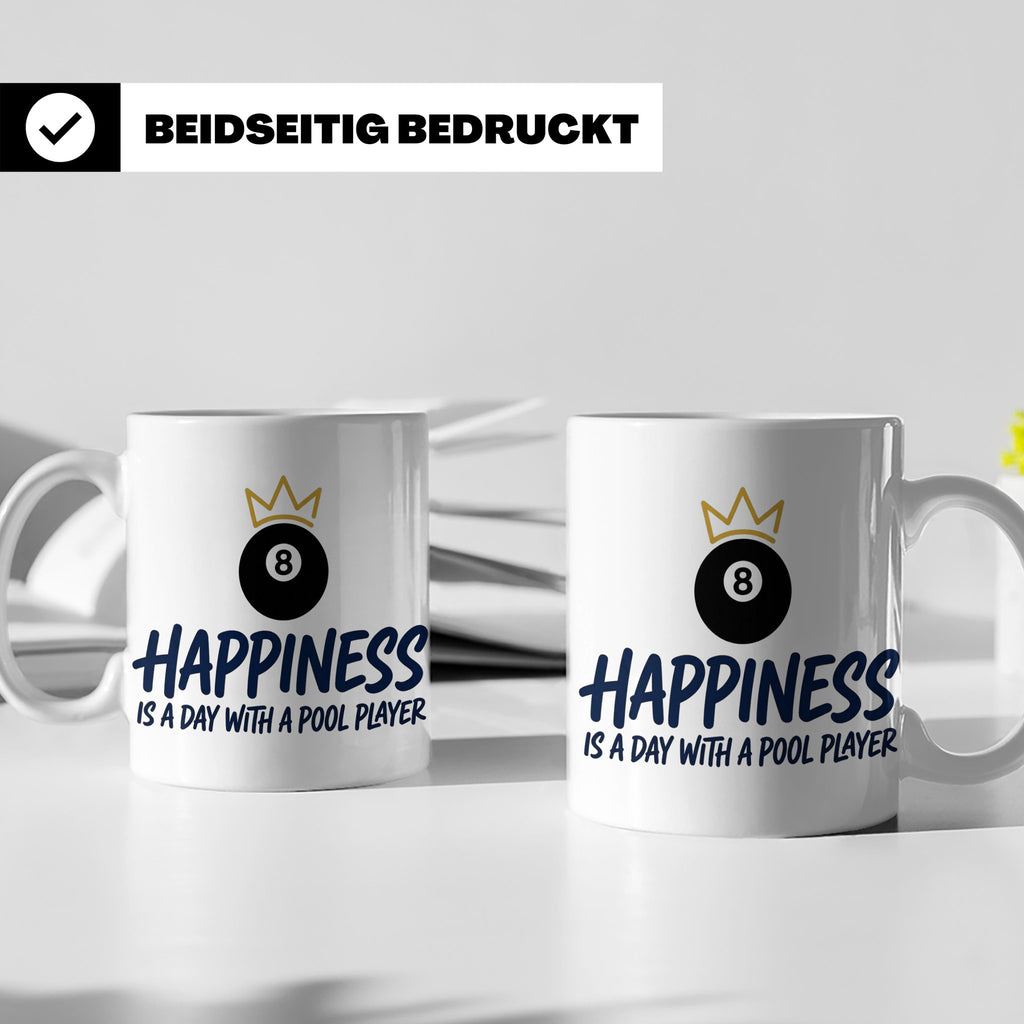 Billard Tasse für Pool Spieler mit Spruch Happiness is a day – Weiß [farbe:weiß]