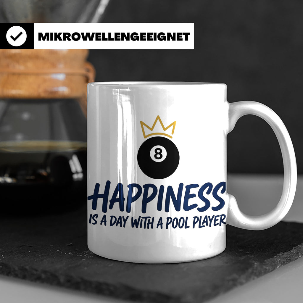 Billard Tasse für Pool Spieler mit Spruch Happiness is a day – Weiß [farbe:weiß]
