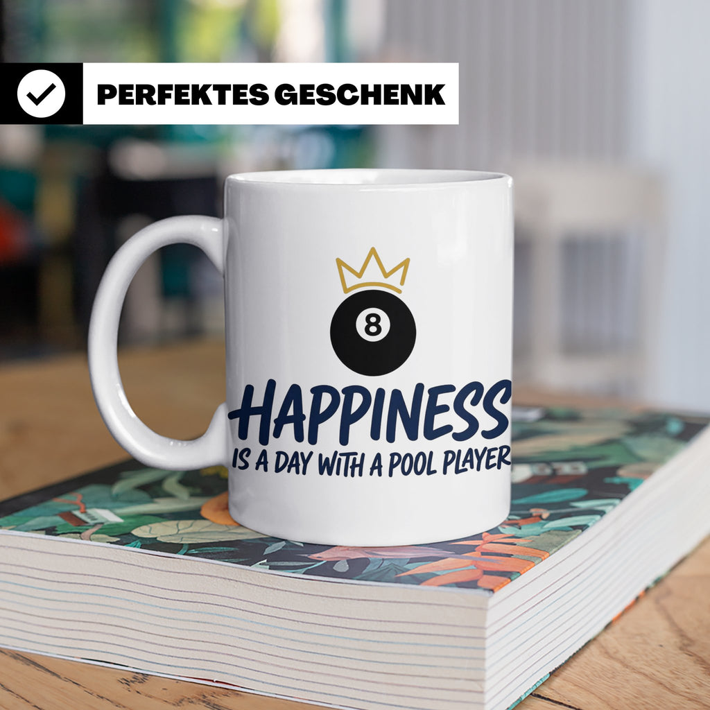 Billard Tasse für Pool Spieler mit Spruch Happiness is a day – Weiß [farbe:weiß]