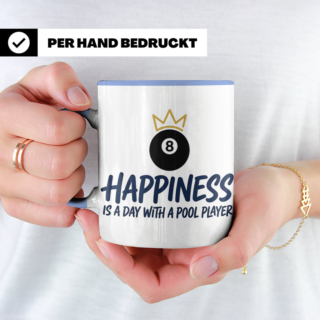Billard Tasse für Pool Spieler mit Spruch Happiness is a day – Blau [farbe:blau]