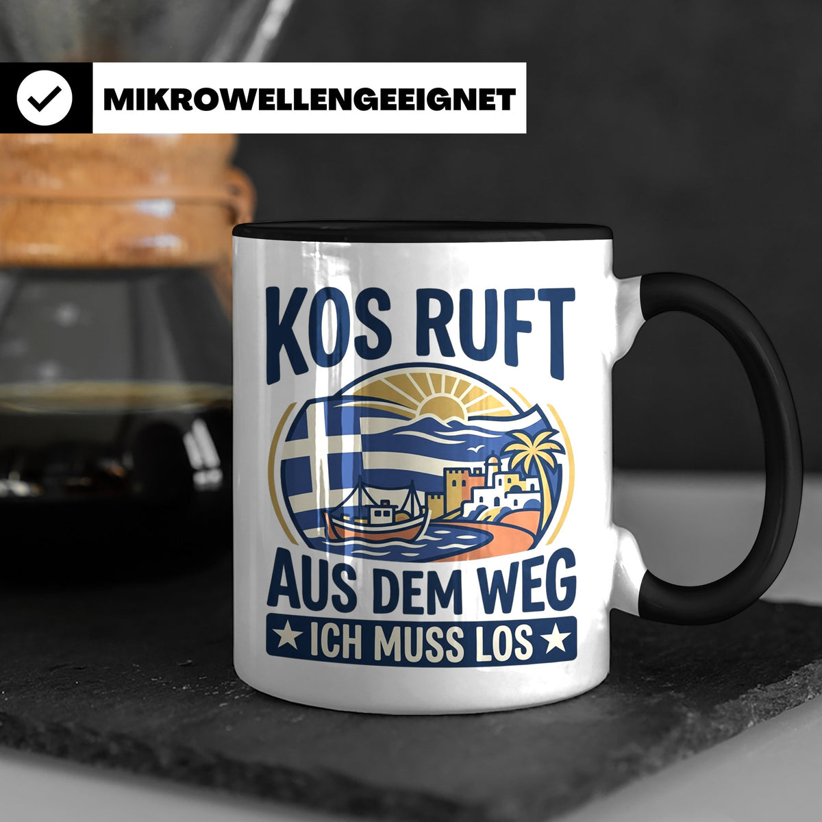 Kos Tasse mit Spruch 'Kos ruft ich muss los' | Griechenland  – Schwarz [farbe:schwarz]