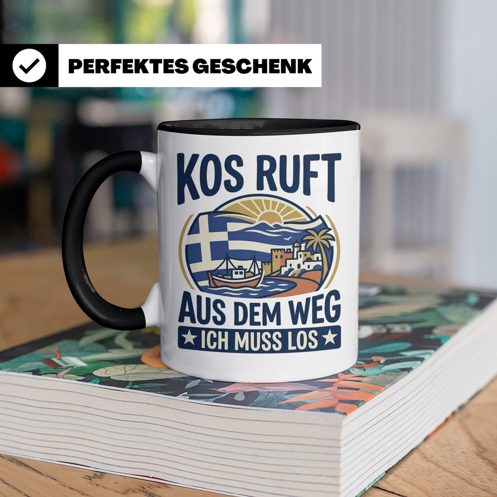 Kos Tasse mit Spruch 'Kos ruft ich muss los' | Griechenland  – Schwarz [farbe:schwarz]
